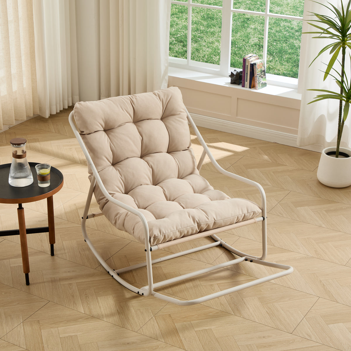 Cushioned Open-Frame Lounge Rocker — Beige